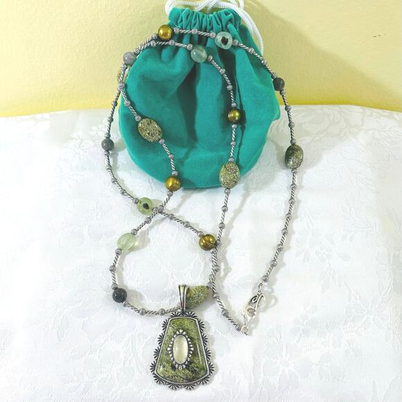 CAROLYN POLLACK Sterling Green Jaspar Pendant Necklace Bead Enhancer Silver - Picture 3 of 13